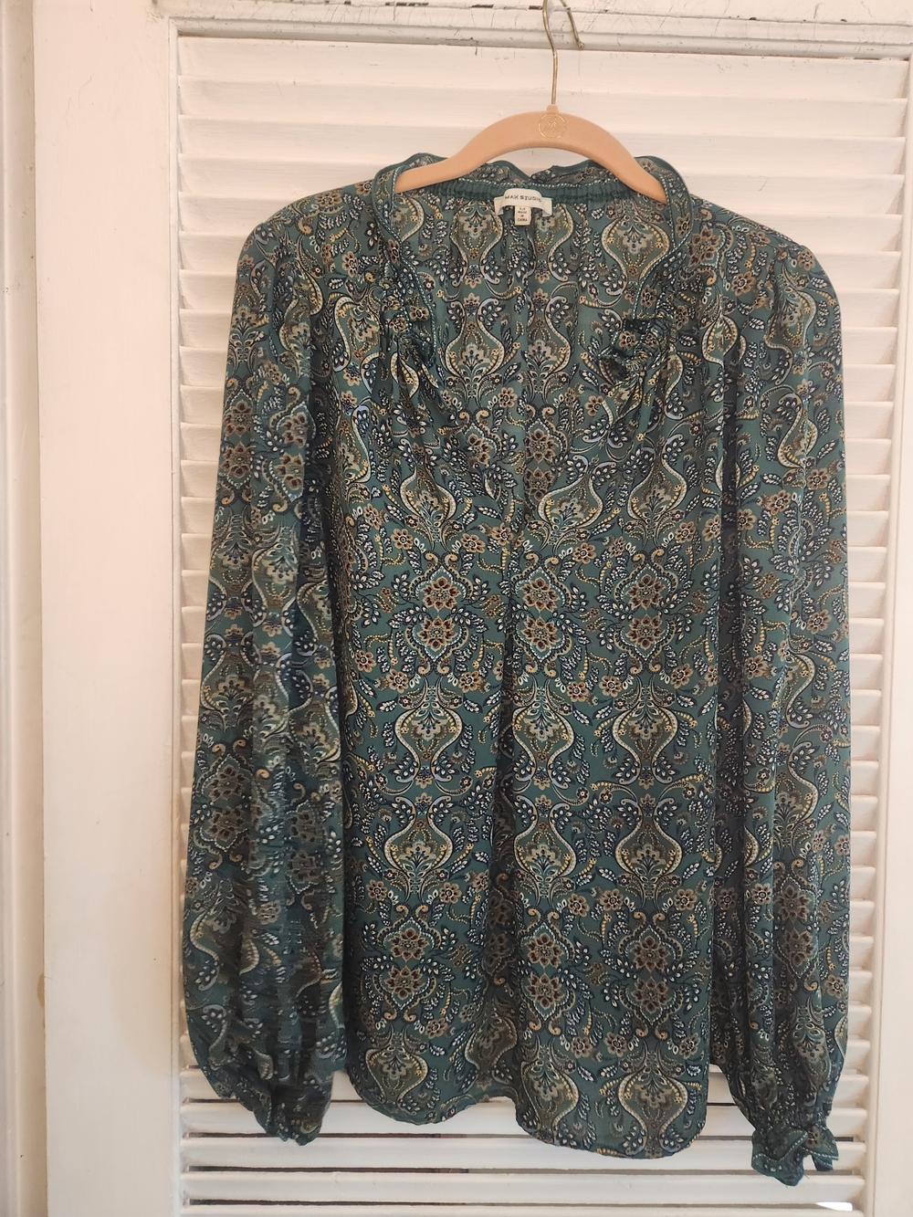 Max Studio Teal Paisley Ruffle V-Neck Blouse